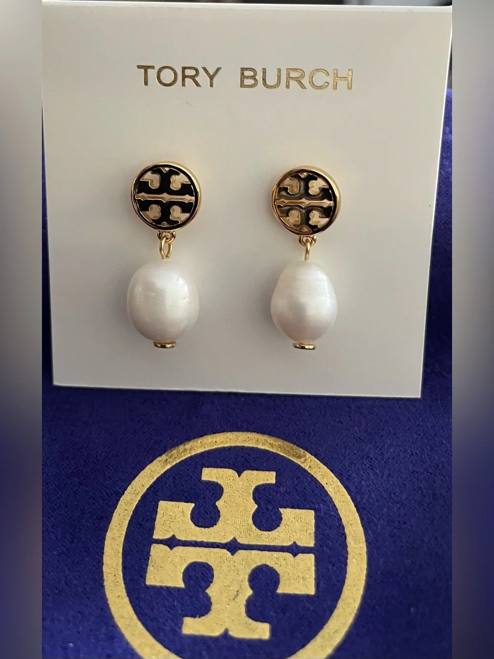 Tory Burch Gold and Black Logo with White Pearl Drop Earrings